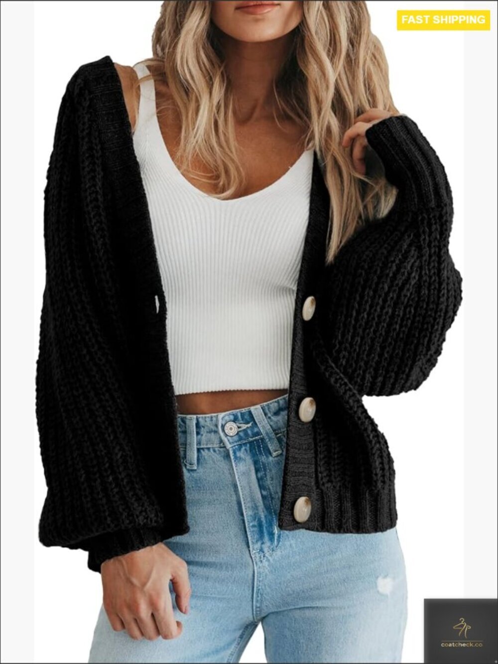 Chunky Knit Open Front Cardigan Long Sleeve Button Loose Short Coat Oversized